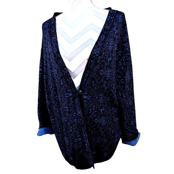 Peruvian Connection Art Aztec Alpaca, wool, silk Cardigan Size Small Blue Black - Picture 1 of 9